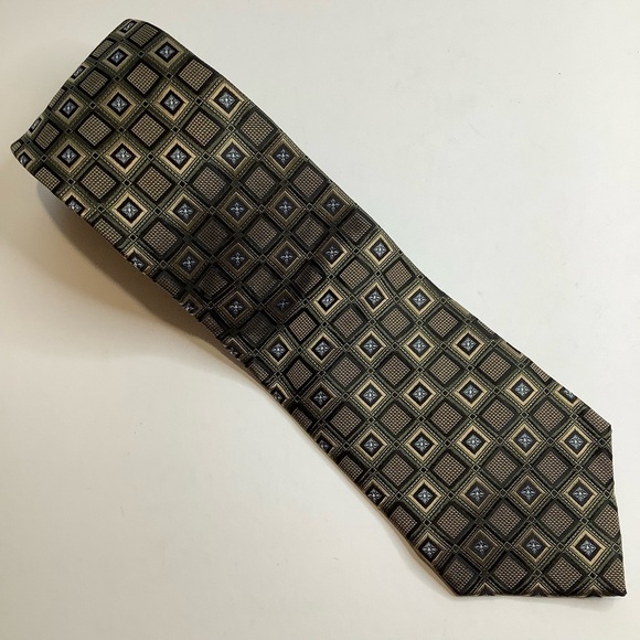 VINTAGE Italian Green & Gold Geometric Woven Silk Tie - Picture 4 of 12